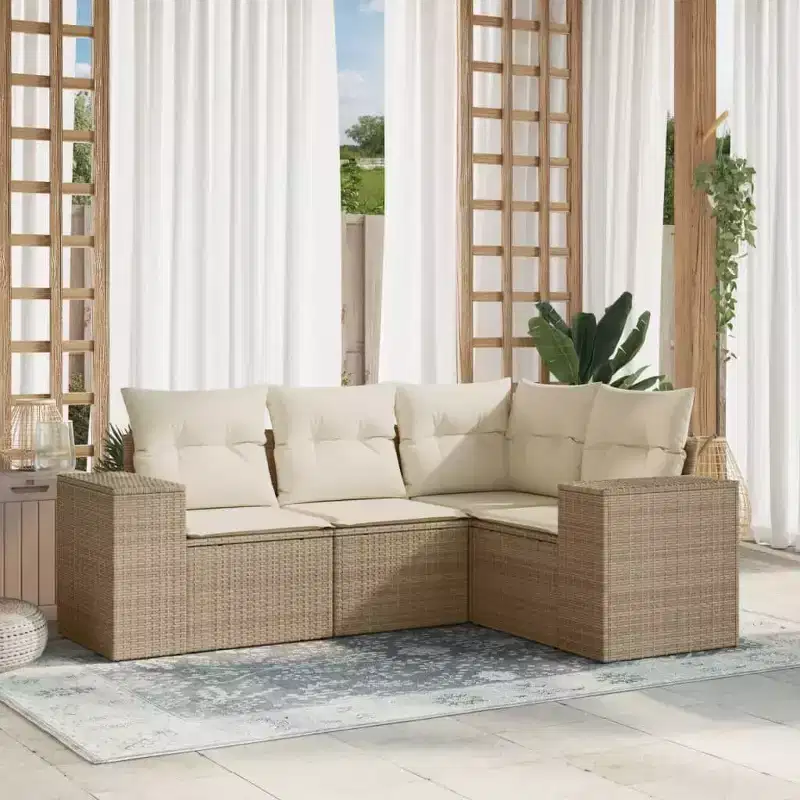 vidaXL 4 Piece Patio Sofa Set with Cushions Beige Poly Rattan