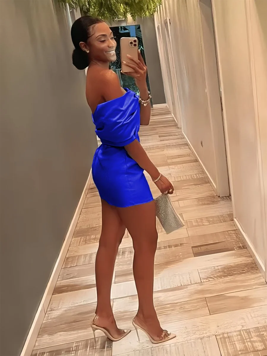 Royal Blue - Off The Shoulder Satin Bodycon Short Homecoming Dress With Beading