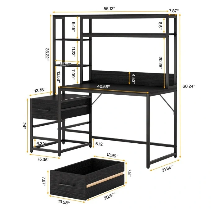 Rustic Computer Office Desk with Drawers and Hutch