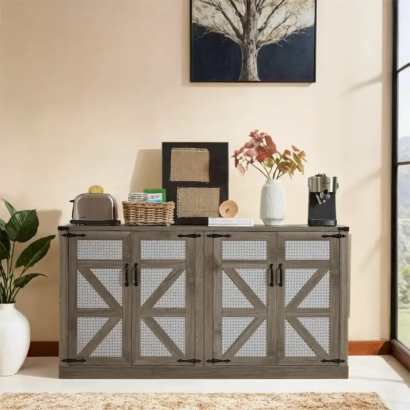 65-Inch Rustic Faux Rattan Sideboard,Barn Door Rustic Style Sideboard