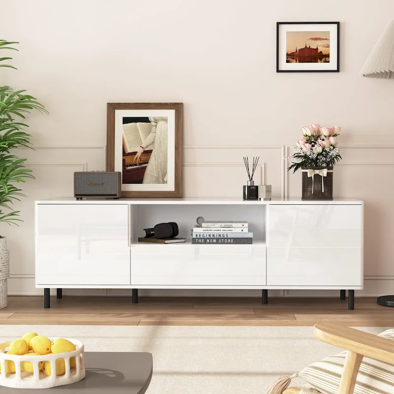 High Gloss TV Console with Storage – 63 Inch, White
