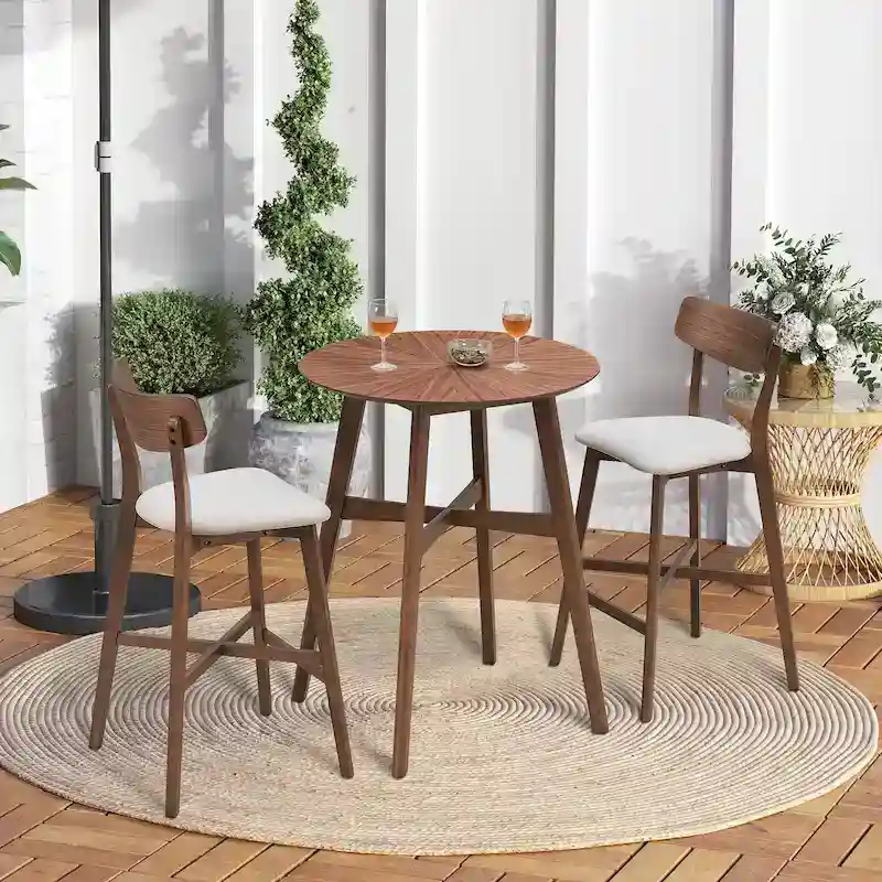 Modern 3-Piece Dining Set with Round Wood Table and 2 Solid Wood Upholstered Bar Stools for Dining Room Bar and Living Room