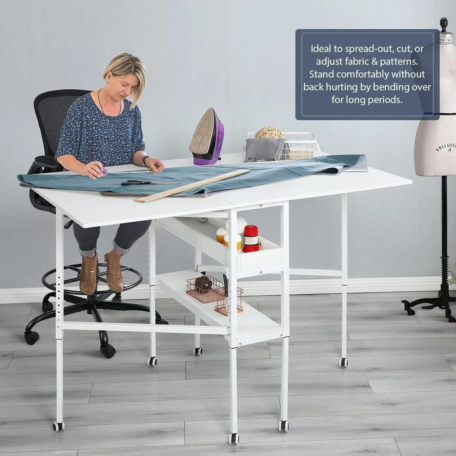 Height Adjustable Craft Table with Storage Shelves, Mobile Folding Cutting Table for Home Office Sewing Room Craft Room