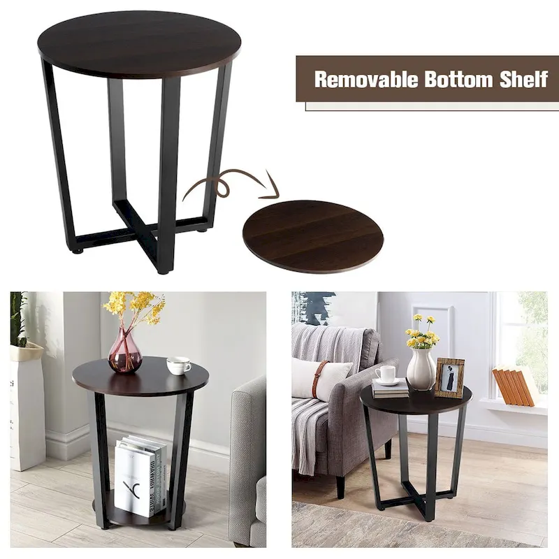 Set of 2 Industrial End Tables with 2-Tier Storage - Round Side Tables 19.5