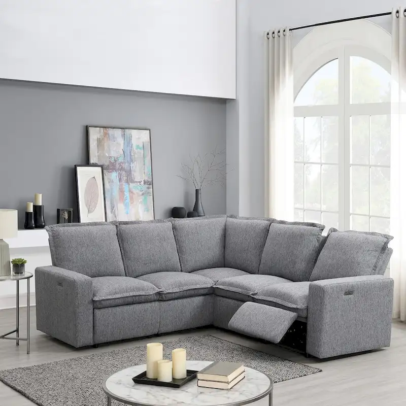 Power Recliner Chair Linen Upholstered L-Shaped Sectional Sofa, Home Theater Seating Soft Chair with USB Port for Living Room