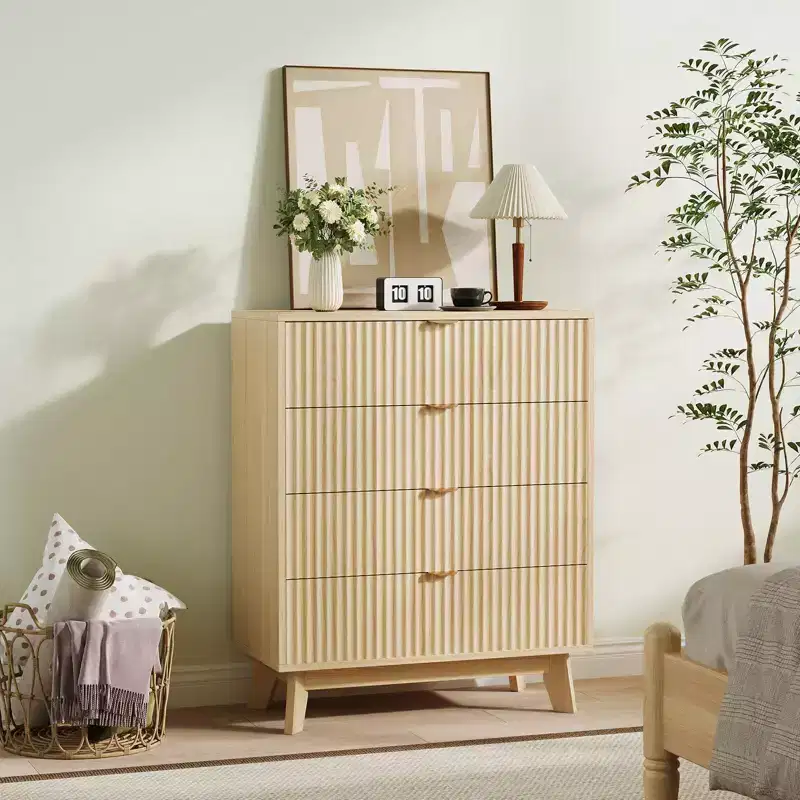 4 Drawer Dressers 2 Pack, Fluted Closet Dressers Chest of Drawers, Wood Storage Dresser Chest for Bedroom Living Room Hallway Closet,Natural