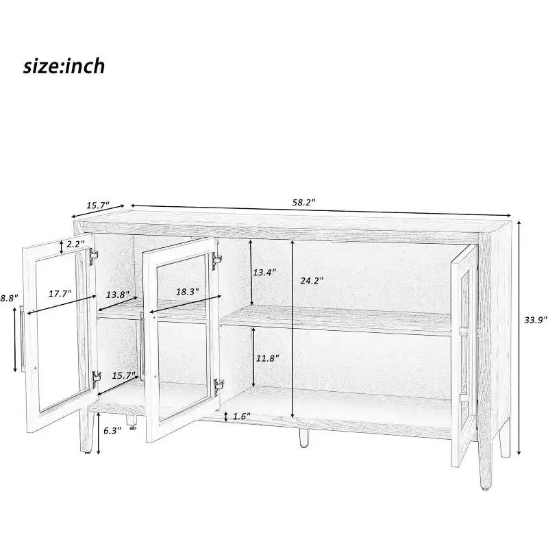 Acekool Wood Storage Cabinet, Accent Cupboard with Adjustable Shelf and 3 Glass Doors, Console Table for Living Room, Entryway, Kitchen, Grey