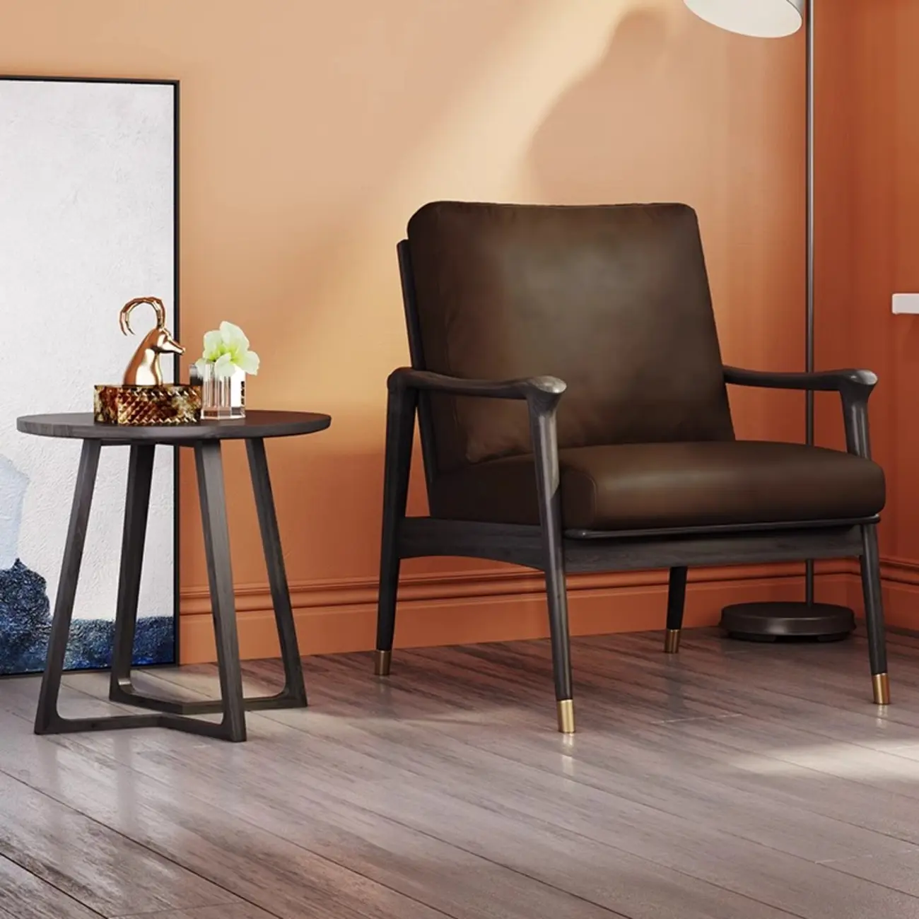 Mid-Century Modern Genuine Leather Arm Chair Living Room