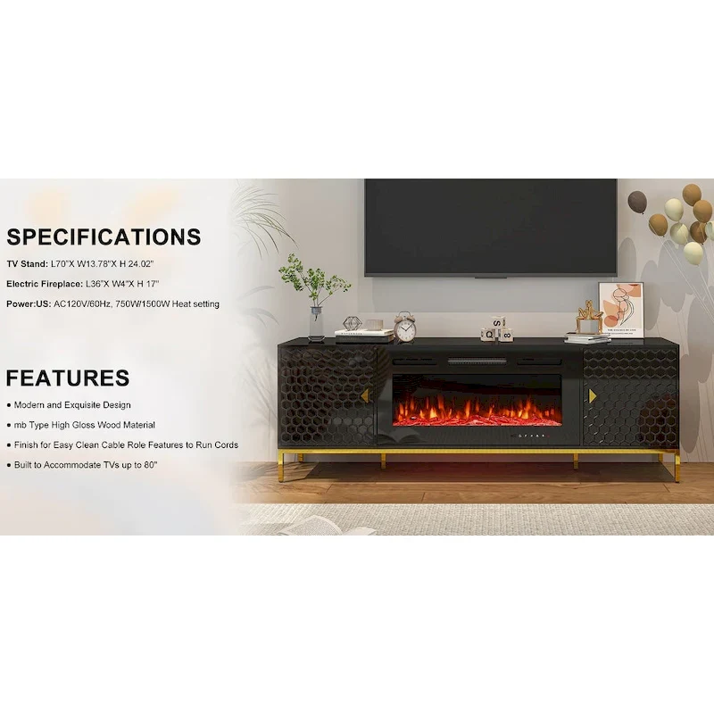 70 Wood Fireplace TV Stand with 36 Electric Fireplace