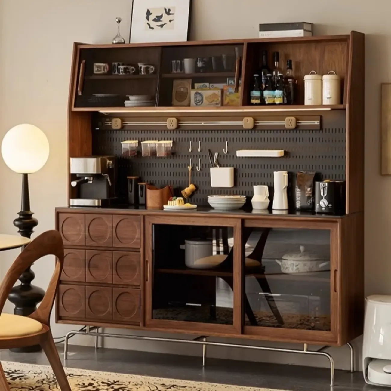 Modern Wood Buffet with Stone Countertop and Sliding Doors