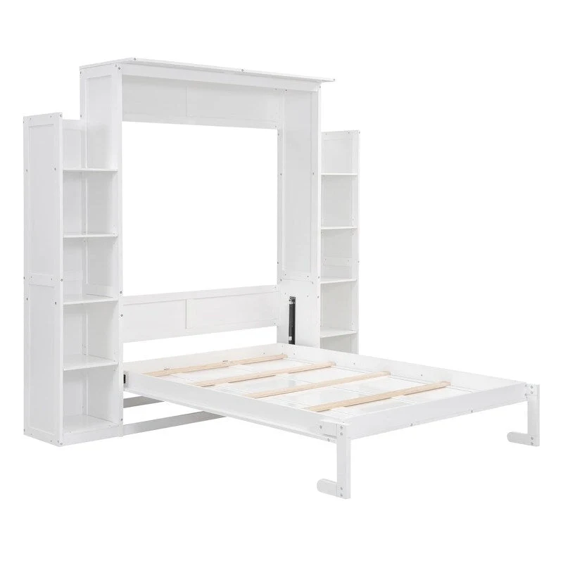 Full Size Wooden Murphy Bed Wall Bed with Shelves and LED Lights