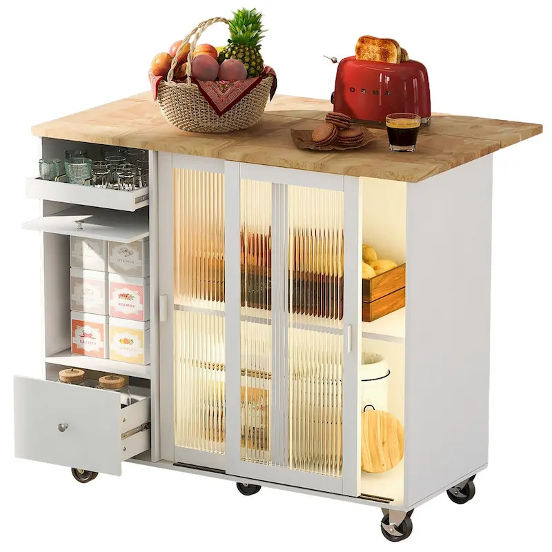 Kitchen Island with Drop Leaf, LED Light