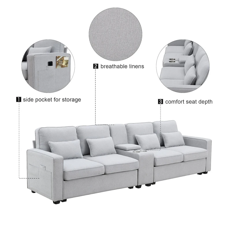 Modern Linen Fabric Upholstered Sofa with Console, 4Pillows,Cupholders,USB