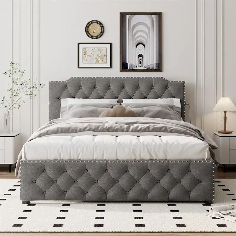 Grey/Beige Queen Upholstered Platform Bed with Twin Trundle & USB Ports, Sleeps 2+1