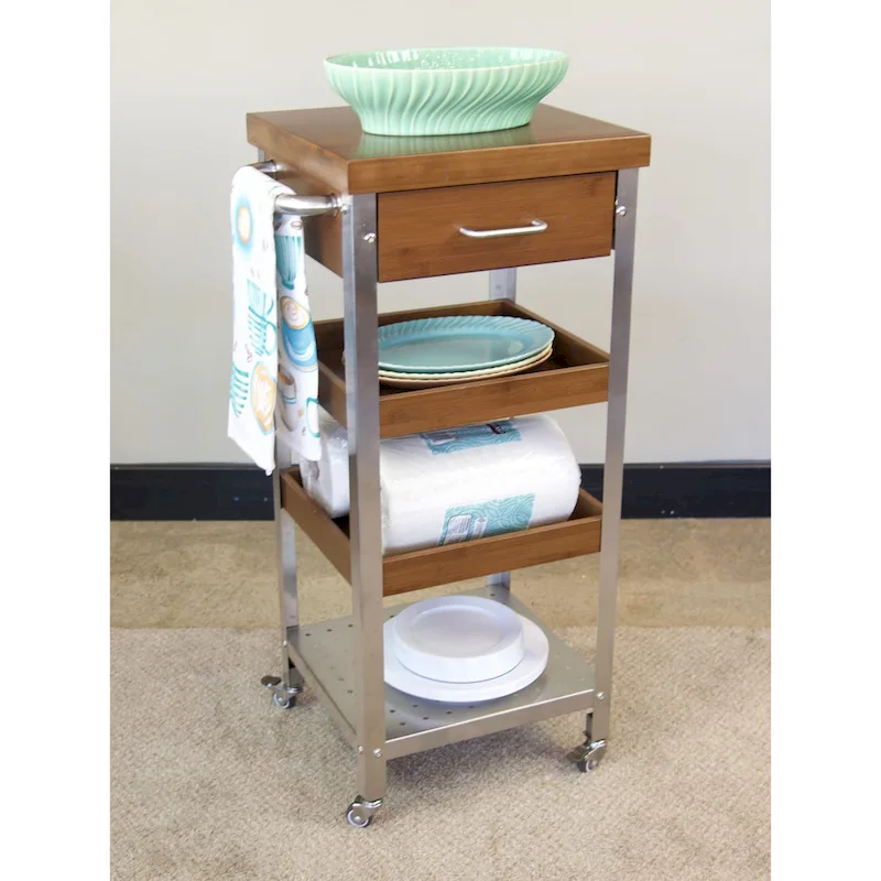 Solid Bamboo & Stainless Steel Kitchen Cart Tower with Drawer