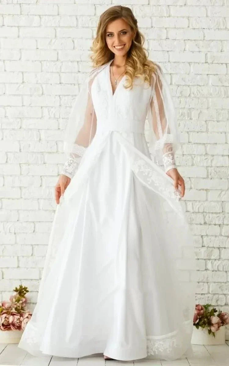 Elegant Floor-length Long Sleeve Chiffon A Line Zipper Wedding Dress with Ruching
