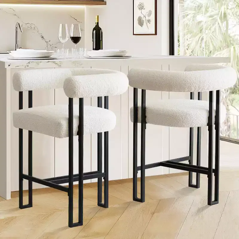 Set of 2 Boucle Counter Height Bar Stools, 24.5 Modern Kitchen Island Tripod Stools with Arms, Curved Back, Black Metal Legs - Panipeachy