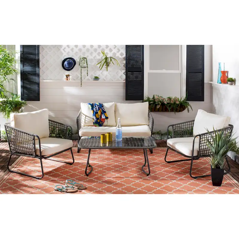 SAFAVIEH Outdoor Yuridia 4 Piece Living Set - Brown / White - 50W x 27D x 28H