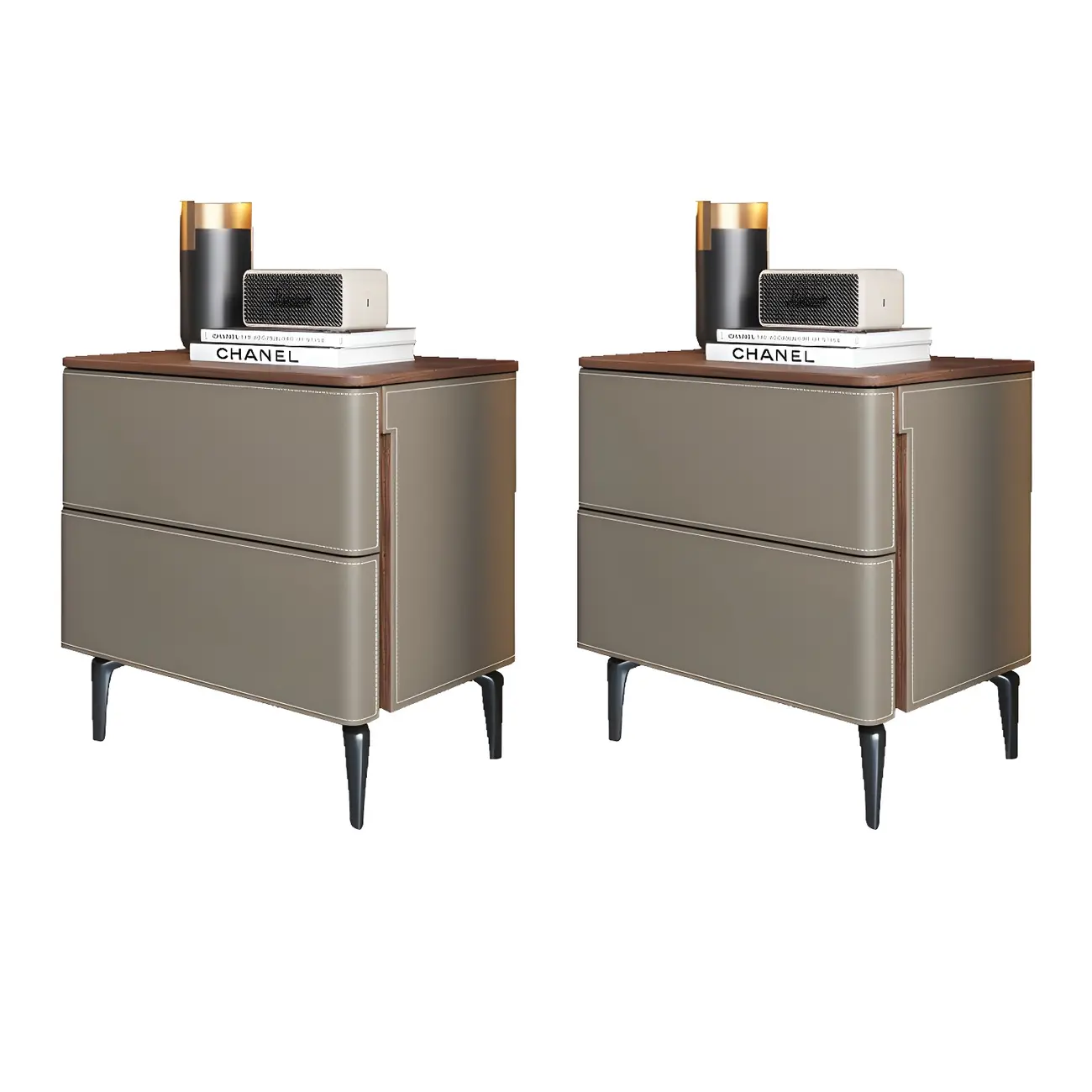 Modern Faux Leather Wood Top Drawers Nightstand