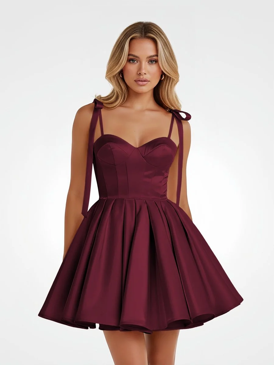 Burgundy – Spaghetti Straps Satin Pleated A-Line Homecoming Dress With Bow