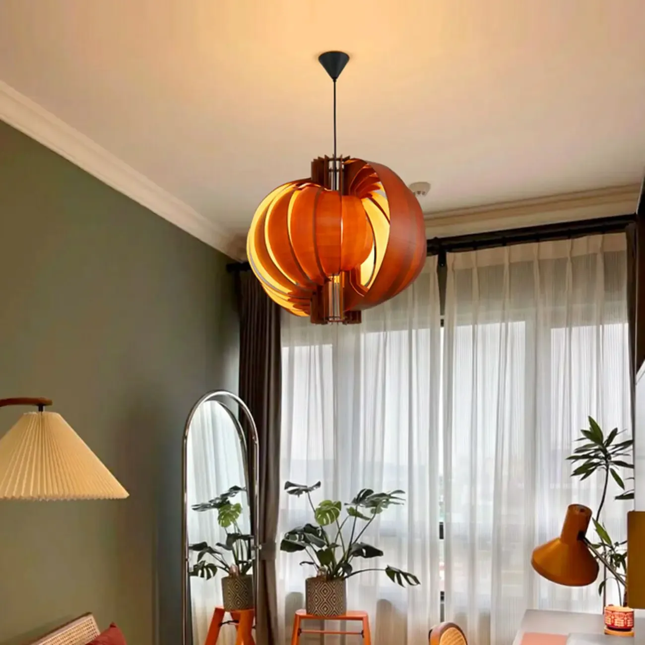 Unique Solid Wood Brown Globe Pendant Light for Indoor