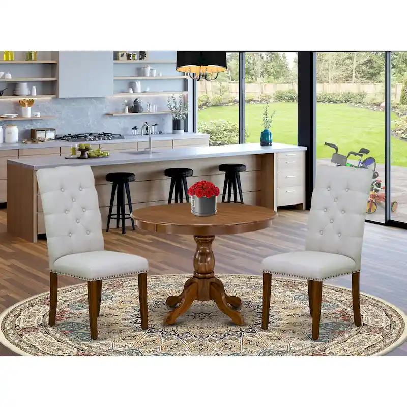 3 Piece Dining Table Set Contains a Round Dining Table and 2 Linen Fabric Parson Chairs, (Finish Options)