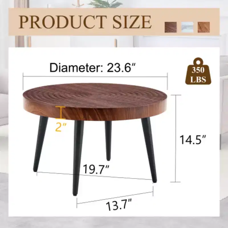 Walnut Finish, Annular Pattern, Black Metal Base, Solid 23.6 Round Coffee Table