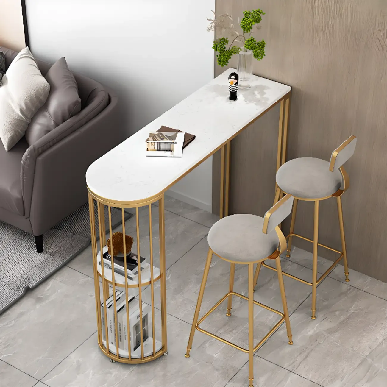 Modern Bistro Golden Bar Table Marble Top with 2 Shelves