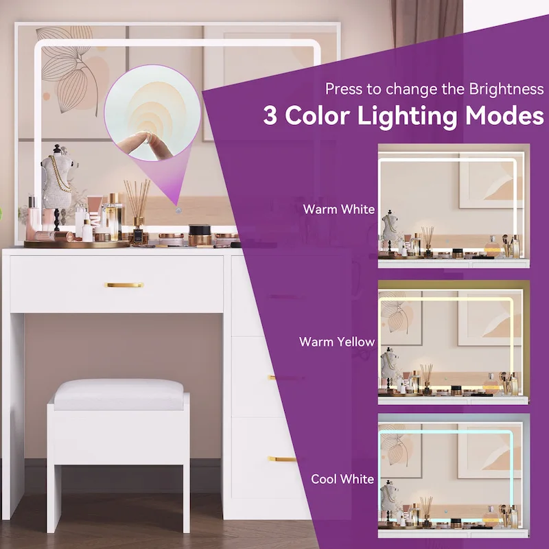 Moasis Makeup Vanity Table Cushioned Stool Vanity Desk Set - 35.43L x 15.74W x 53.54H