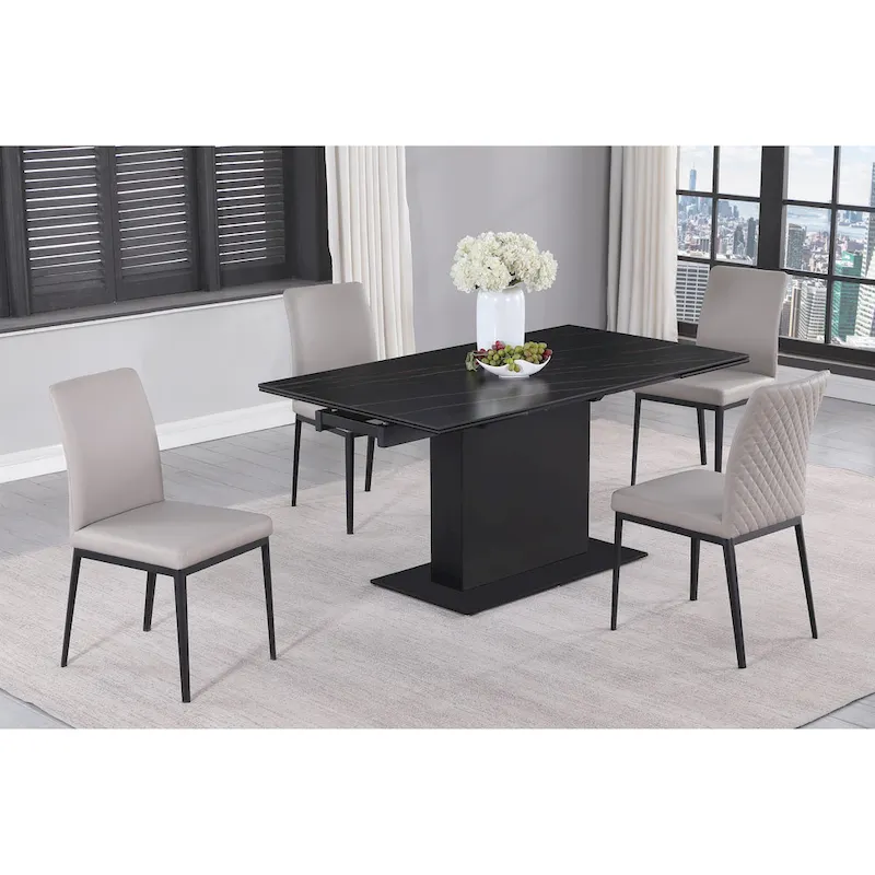 Black Extendable Sintered Stone Dining Table with Pedestal Base, Seats 4–6