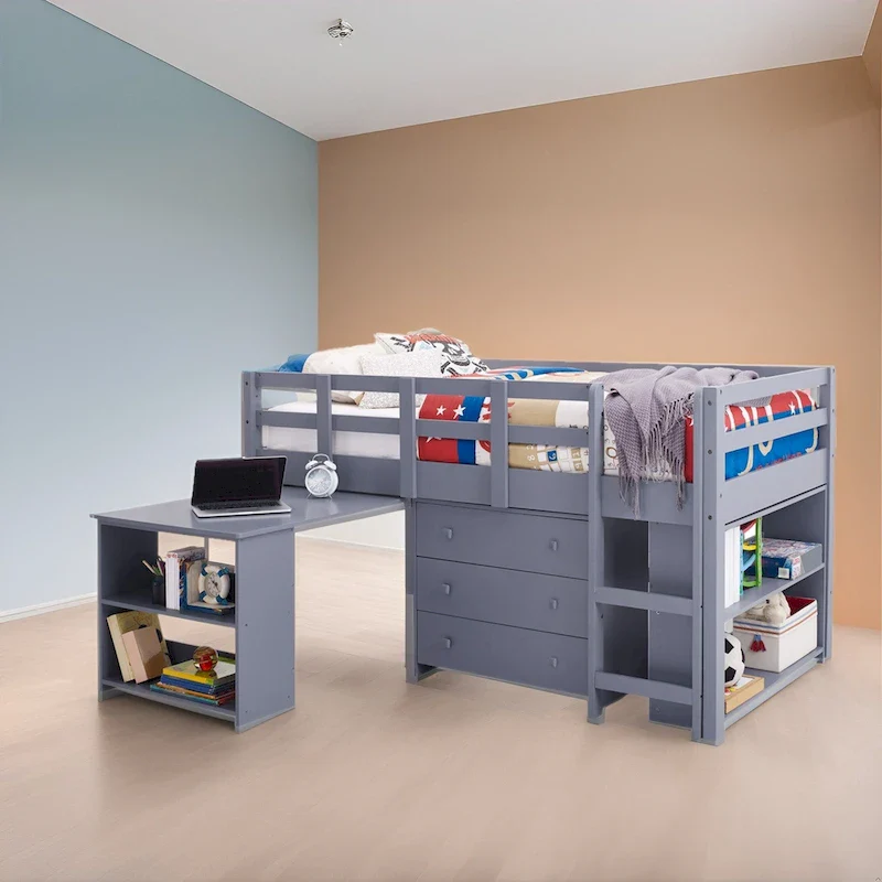 Twin Size Low Loft Bed with Desk and Storage - Kids Pine Wood Loft Bed with Cabinet and Study Space