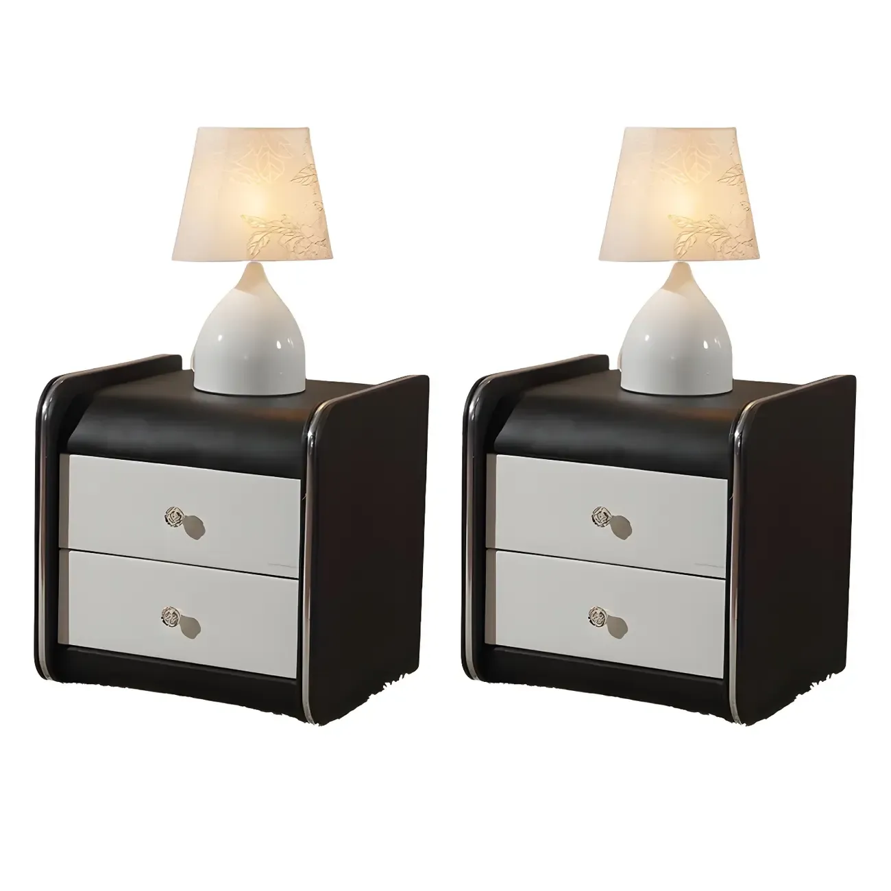 Luxurious Glossy Leather Wooden 2 Drawer Black Nightstand