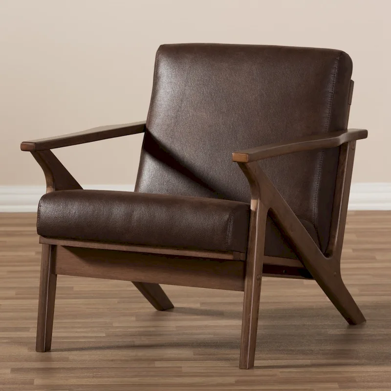 Mid-Century Lounge Chair - Brown Faux Leather / Grey Fabric - Single Seat