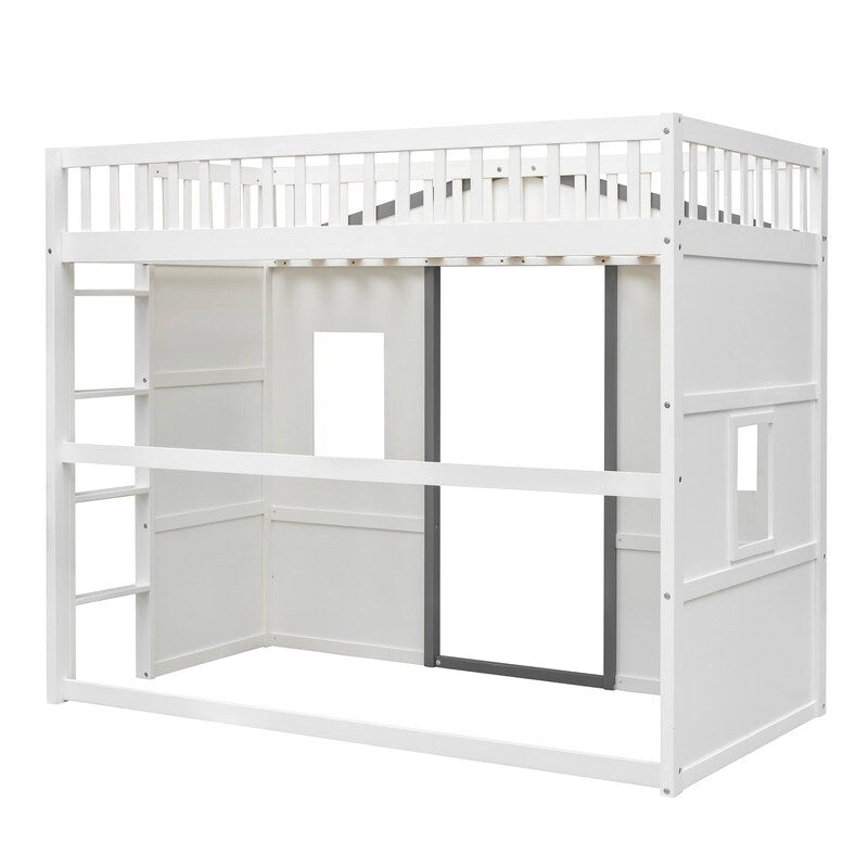 House Loft Bed Twin Kids Playhouse Bed, Solid Wood Loft Bed Frame with Window and Ladder