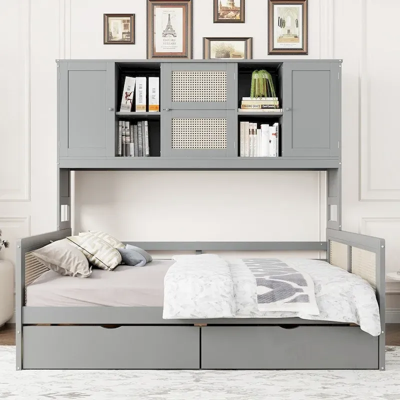 Grey/White Wooden Daybed with Storage – Twin/Full, Seats 1