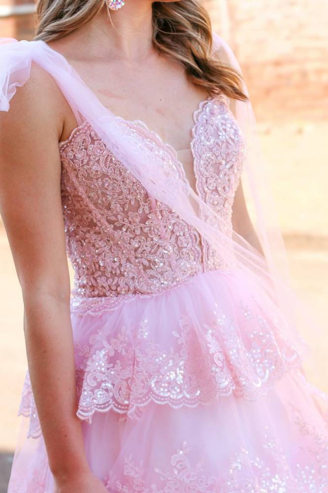 Light Blue Tulle Appliques Tying Strap Ruffle Tiered Long Prom Dress