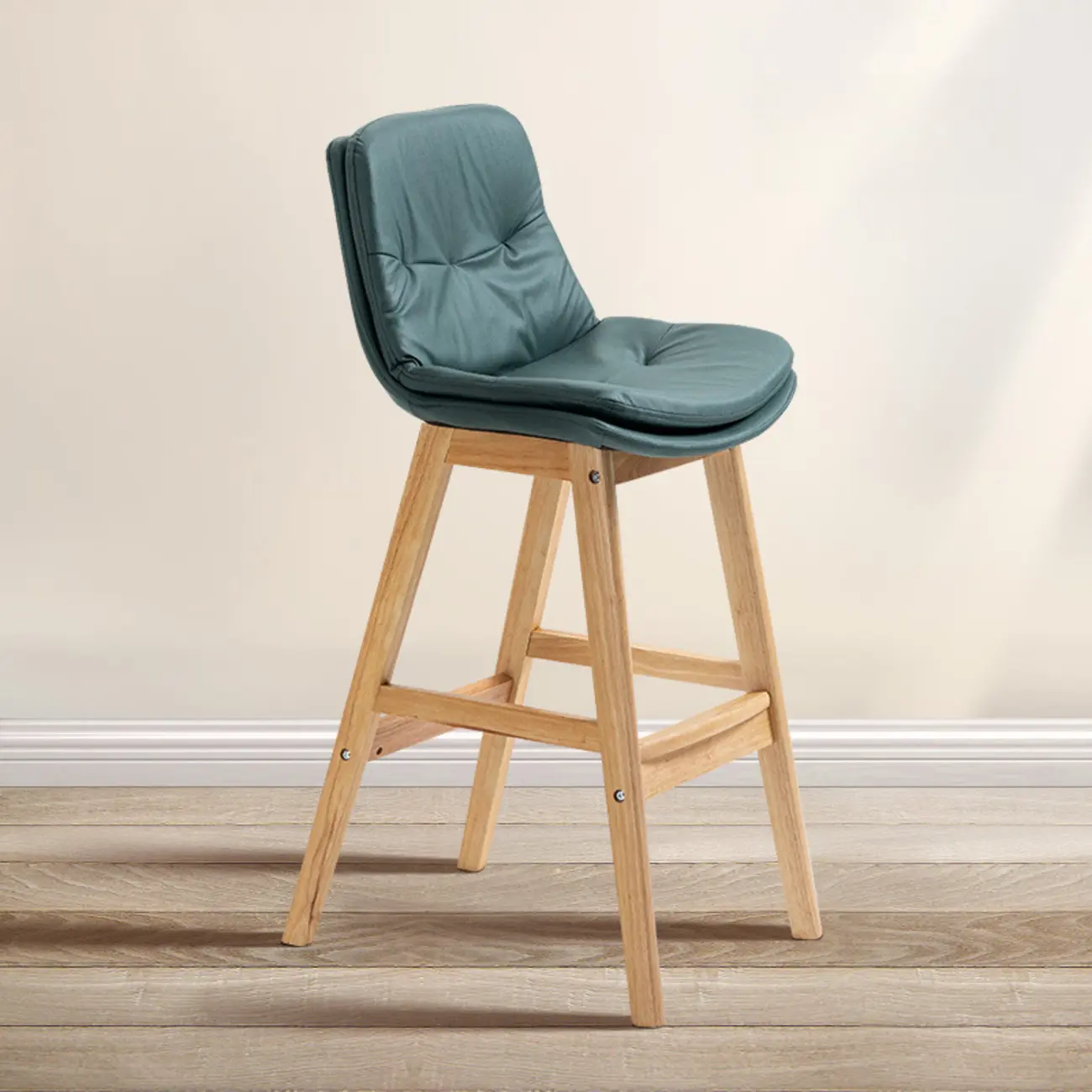 Scandinavian Wood Frame Leather Ergonomic Bucket Bar Stool