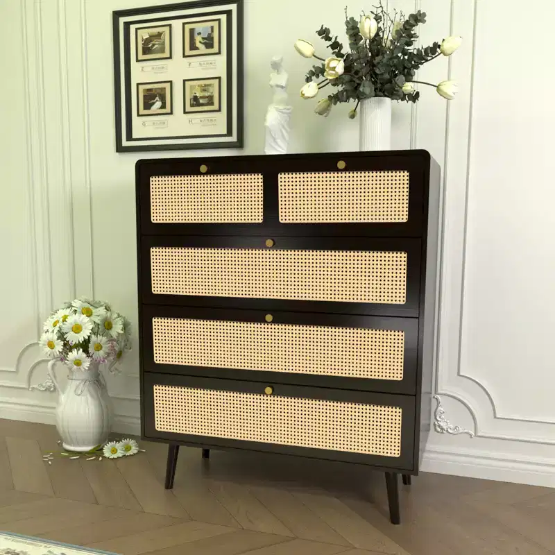 6/4-Drawer Dresser, Modern Rattan Dresser Chest with Metal Handles, Storage Cabinet Sideboard, Black 4M - ModernLuxe