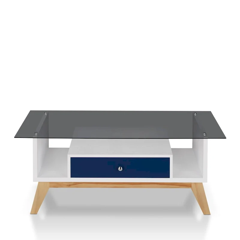 Glass Top Coffee Table - White/Natural Wood, Mid-Century Modern, Multi-User