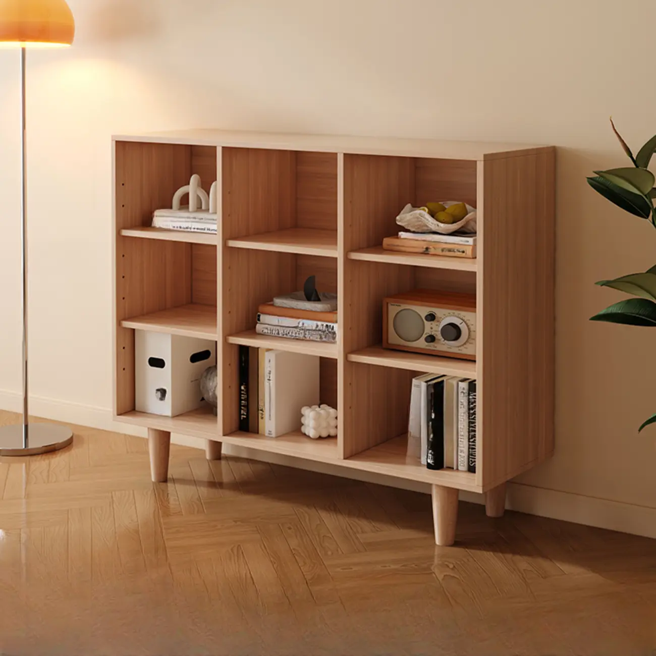 Wide 7-Shelf Modern Wooden Nut-Brown Open Bookcase