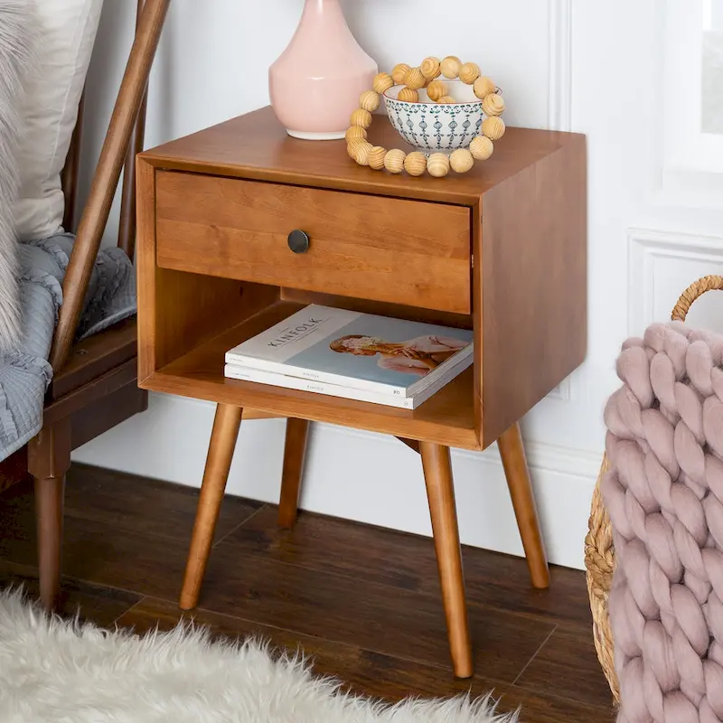 Mid-Century Solid Wood 1-Drawer Nightstand