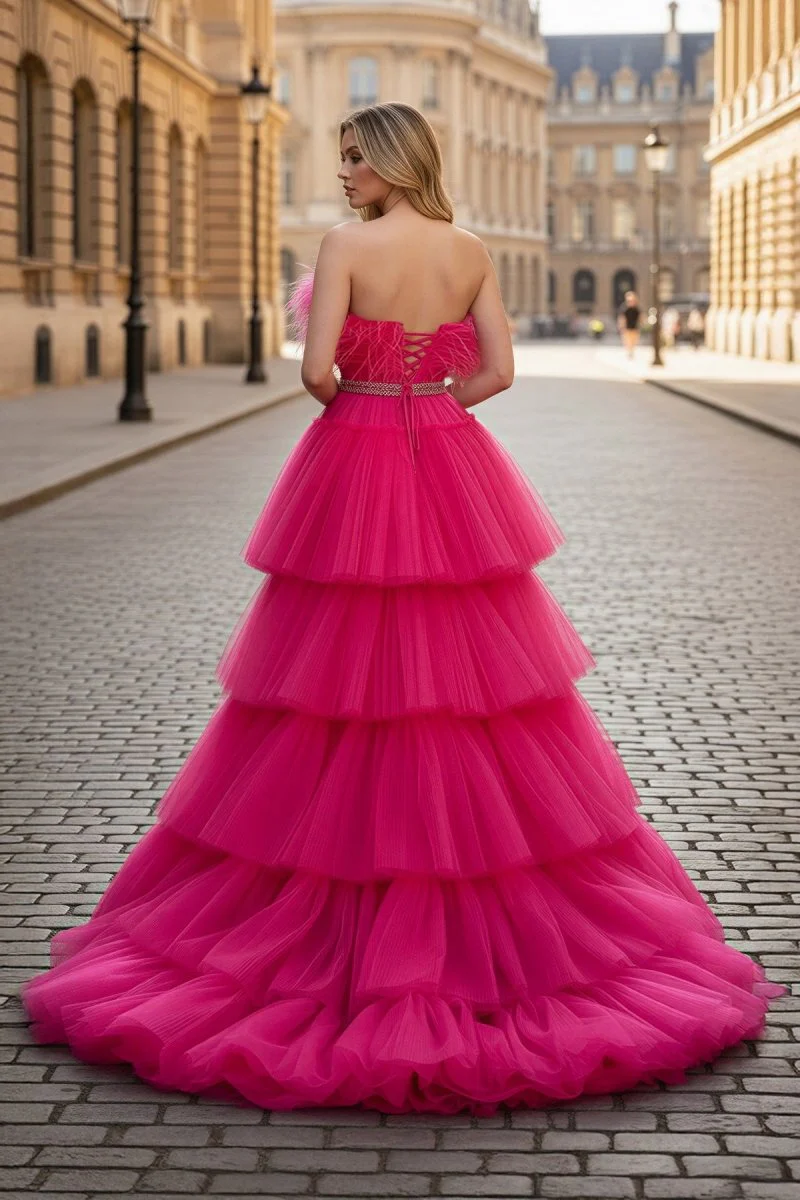 A-line High-Low Strapless Ruffled Tulle Prom Dress with Feathers