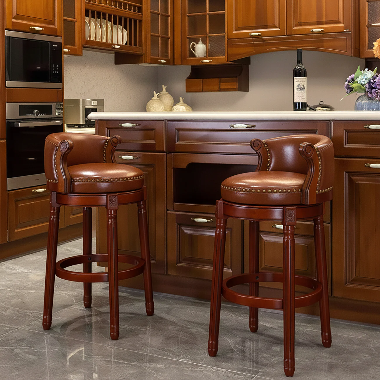 Solid Wood Leather Swivel Counter Stools with Backs