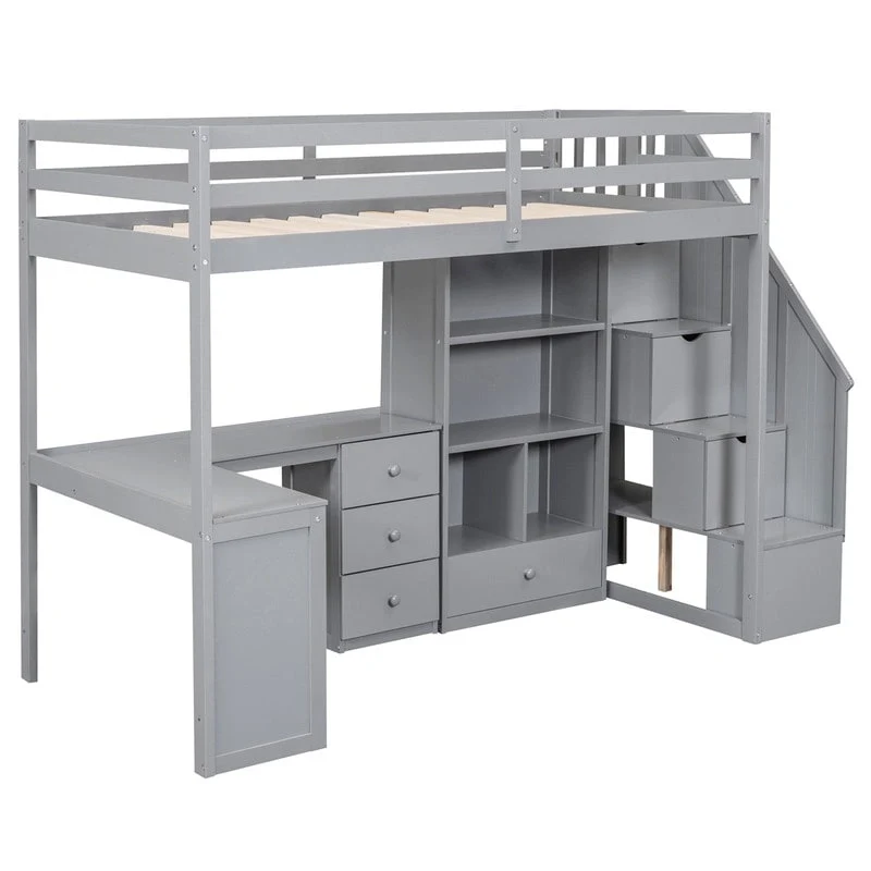 Twin Size Loft Bed with L-Shaped Desk and Drawers, Cabinet and Storage Staircase