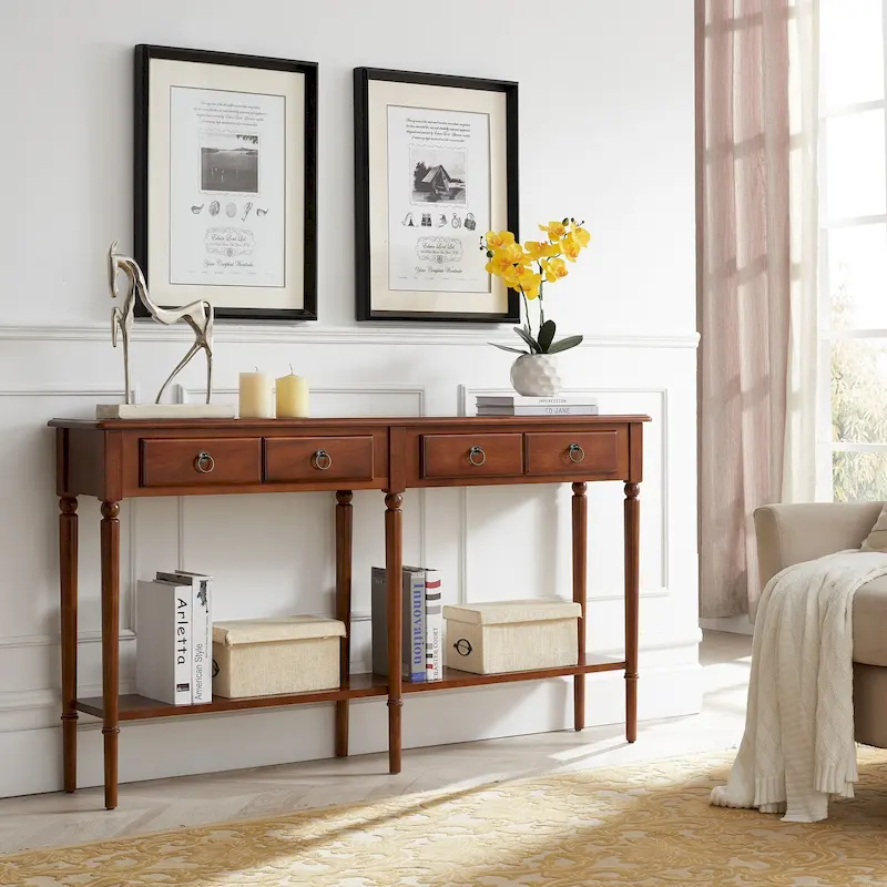 Black/Brown/Multi Narrow Hall Console Table with Drawer and Shelf