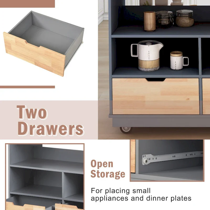 Wood Rolling Kitchen Island with 2 Drawers and 3 Open Compartments