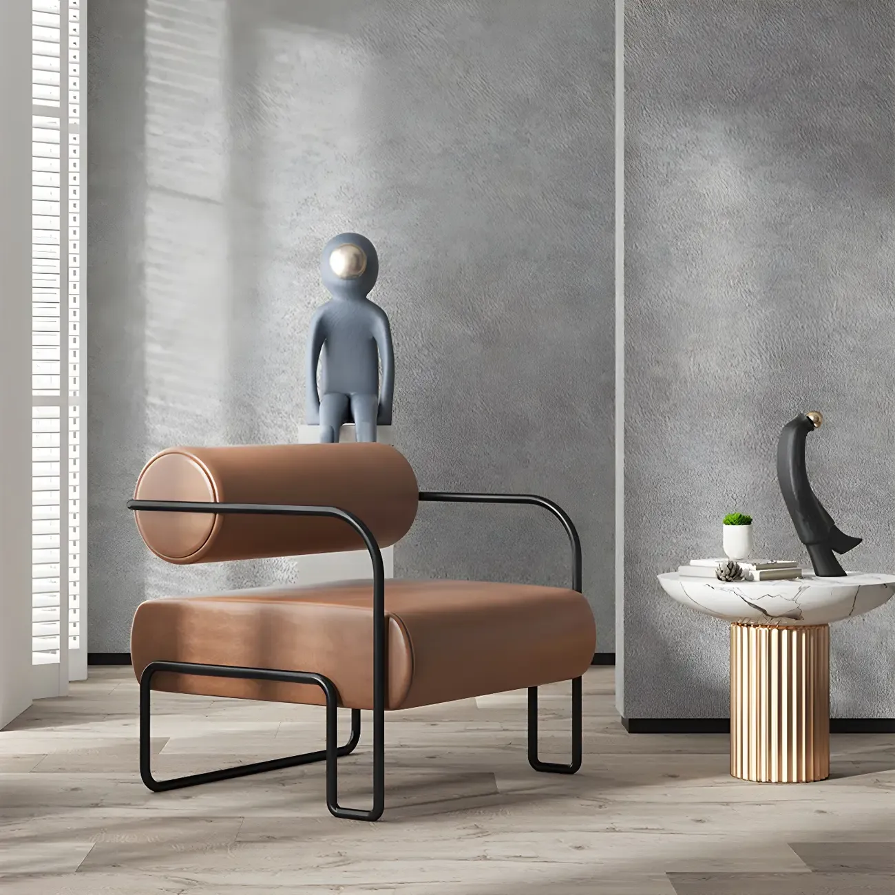 Industrial Leather/Velvet Accent Chair with Metal Frame