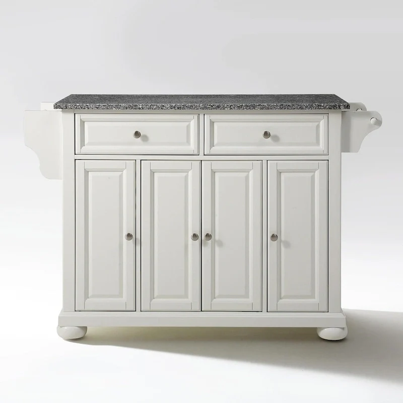 Solid Granite Top Kitchen Island - Stationary Storage Cabinet (White)