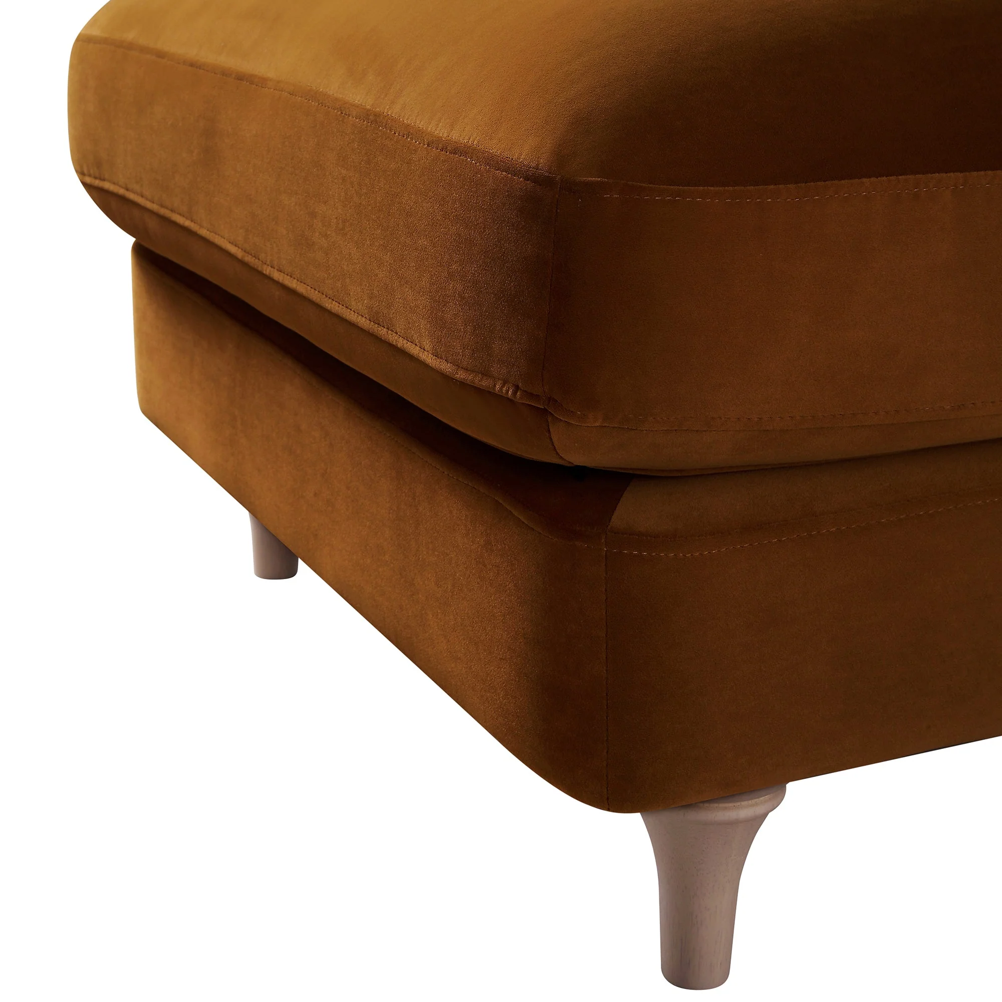 Traditional English Footstool - Cinnamon Velvet, Washed Wood Legs, Padded Seat, 31.5