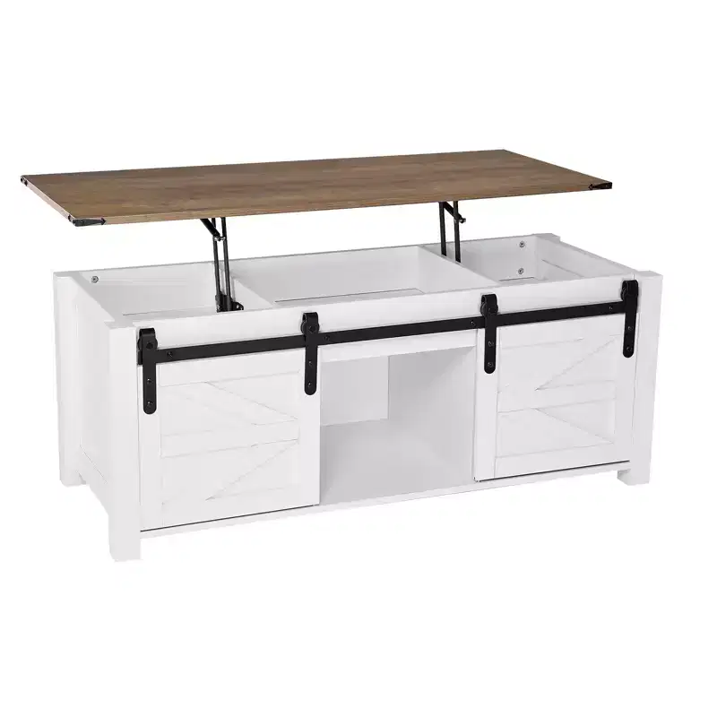 VEVOR 47.2in Farmhouse Lift Top Coffee Table,Rustic Center Table with Barn Door and Hidden Storage Compartment,Modern Rectangle Lifting Tabletop,White
